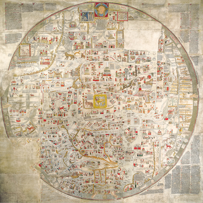 The world is depicted as a large circle inside which a stylised band of water indicates the oceans; at the top end (east) is the head of Christ with a blue halo on red ground; his feet are at the bottom (west); one hand is on the left and one on the right edge. At the centre of the map is a gold square symbolizing Jerusalem. For a detailed description of the content of the map and the captions surrounding it see Chapter I.3.