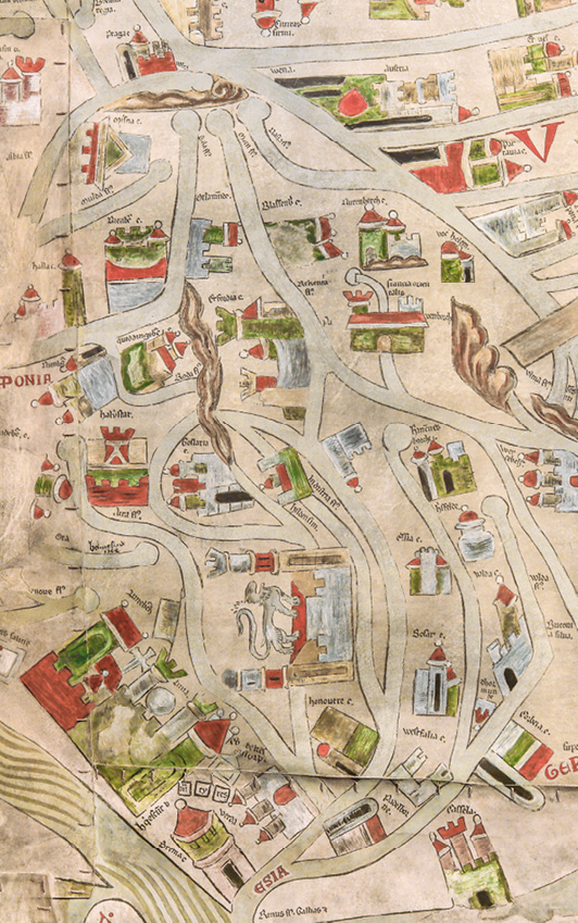 The detail from the map shows the area from Lower Saxony (bottom) to Austria (top); hills are drawn in brown ink, rivers in blue, buildings mainly in red. At the bottom left (west) is a depiction of the city of Lüneburg, drawn across the seams of the stitched-together parchment leaves. Below Lüneburg, the cities of Bremen and Verden are shown and between these a square with a cross on a triangular roof symbolises the convent of Ebstorf.