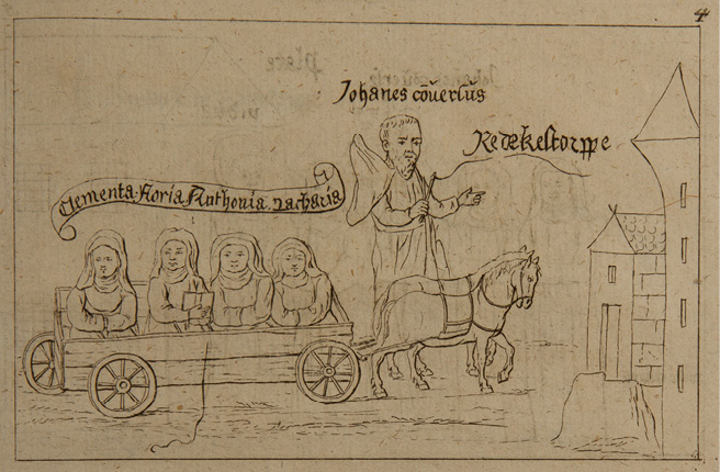 The engraving shows four nuns (caption: Clementia, Floria, Anthonia, Zacharia) seated in a row on a waggon drawn by two horses and directed by the lay brother John (caption: Johannes conversus), moving from left to right towards a house on a hill and a tower (caption: Redekestorppe)