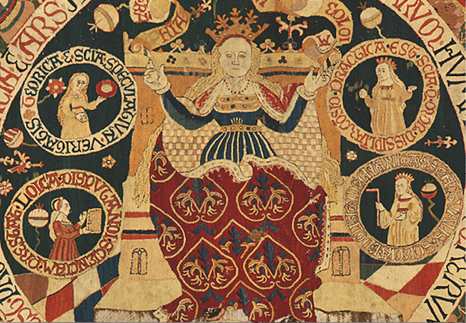 The detail from the centre of the tapestry, which celebrates learning, shows the figure of philosophy seated on a throne and robed in a richly embroidered red garment with long, loose blonde hair and a crown. Four of the five medallions with other personifications surrounding her are visible in this part of the tapestry. Clockwise: physics, theory, practice, and mechanics. For the full description of the figures see Chapter III.3.