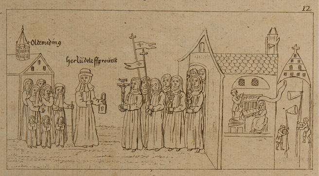 The engraving, captioned ‘The twelfth panel’, shows a group of five weeping nuns and three girls emerging from a house captioned ‘Oldemeding’ and following the tall figure of the provost. Coming towards them from the church on the right hand side of the panel is a larger group of nuns, two carrying crosses with banners and two the statues of Mary and Maurice; the one leading the procession holds a crucifix. The church is presented as a view of the inside, where on the upper floor a nun plays the organ while a boy treads the organ bellows; two other boys ring the bells in a tower to the right of the church.