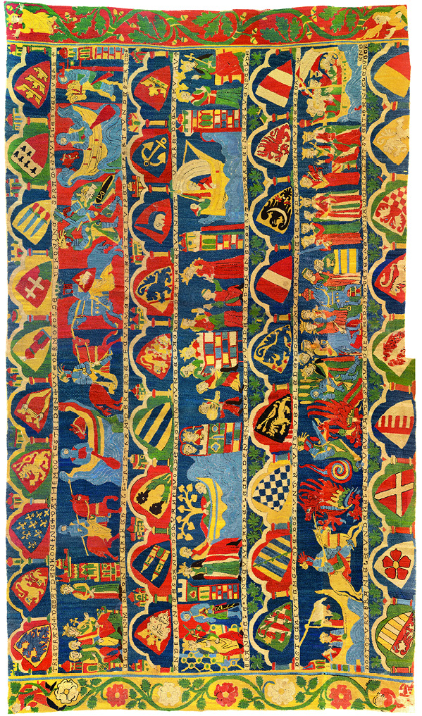 The tapestry, embroidered in red, green and yellow on a blue ground, shows the three trips to Ireland from the story of Tristan: in the top register he travels there to fight Morolt; in the middle he returns as a minstrel to be cured; on the bottom he returns once more to gain the hand of Isolde for his uncle Mark by killing the dragon. The last scene shows Isolde and Tristan lying in the ship returning to Cornwall after they have drunk the love potion. An explanation of the coat of arms in the narrower strips between the three registers can be found in Chapter III.3.