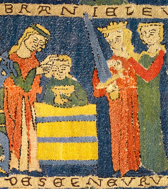 The detail from the Tristan tapestry shows him sitting in a bath tub, being ministered to by a woman with a circlet to the left while two women stand on the right; Isolde, at the front, holds a raised sword. Top and bottom we see part of the Low German captions which run above and below the various scenes. For a discussion of the meaning see Chapter III.3.