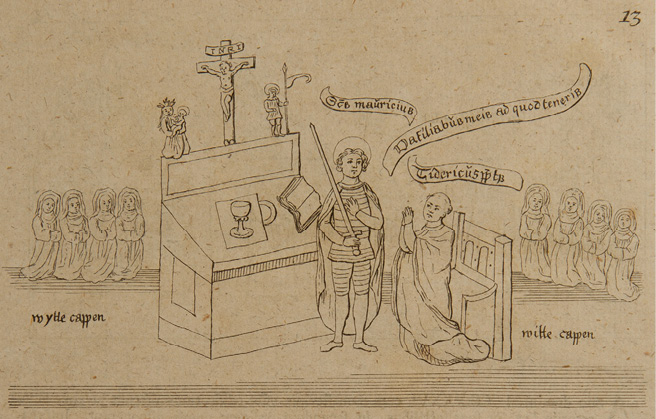 The engraving, captioned ‘The thirteenth panel’, shows Maurice as a knight in armour with his sword pointing upwards; he stands in front of an altar in the middle of the foreground. To the right, the provost kneels in front of his stall. In the background eight nuns kneel, four on each side. On the captions and the meaning see Chapter III.3, under ‘The Black Knight Maurice Intervenes’.