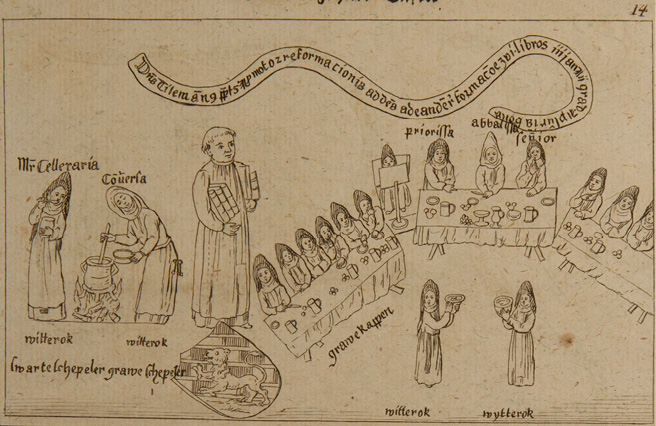 Engraving, captioned ‘The fourteenth panel’, giving a birds-eye view of the kitchen and the refectory at Kloster Medingen after the reform, with the figure of the provost above his coat of arms between the two scenes. A detailed description of the content is directly below this illustration.