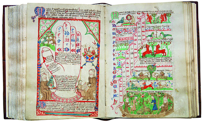 Thick, leather-bound book opened at a double-spread with a framed miniature on the left-hand page and numerous scenes arranged around an illustration of intervals as ascending tower blocks. Detailed description of the scenes directly below after the heading ‘A Mnemonic for the Singers’.