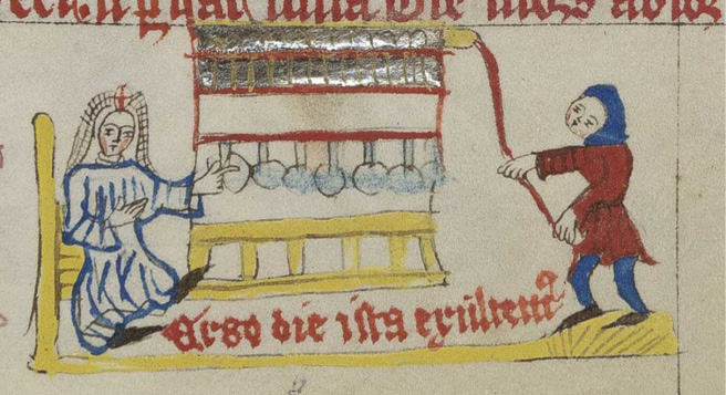 Line- and wash-drawing at the bottom of a prayerbook showing a nun in white habit and white veil topped by the nuns’ crown playing the organ by pulling the stops and pushing down the pedals. The silver pipes of the organ are arranged in two rows at the top. To the right, a boy in red tunic and blue cowl and stockings pulls a bell rope while treading the organ bellows. Further information on the manuscript in the paragraph directly above the illustration.