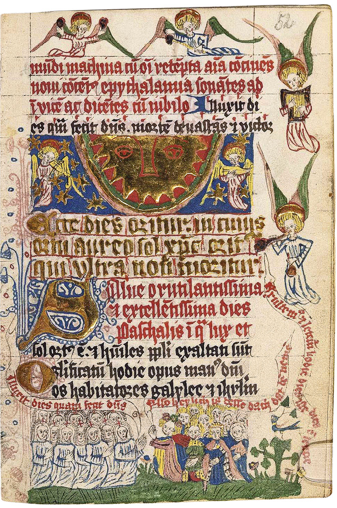 The prayerbook page features text, image, and music for Easter on a densely populated page. The block of text starts with three lines in red which then flow into a line from an Easter Sequence in black with a blue initial and musical notation in red above it. This introduces the landscape miniature of the rising sun depicted as a gold face on a red semi-circle inside a blue panel, accompanied by two angels making music. The following text is written in gold above red ink for three lines before it continues in red with a gold initial decorated with blue floral ornamentation. In the upper and right margins, four further angels play instruments ranging from bells to a harp to a trumpet. Below the block of text, a group of nuns in white habits and with round white veils topped by the nuns’ crowns kneel with a Latin text scroll to the left, facing a group of lay-people in festive garments; the first person is adorned with a wreath of flowers, and holds a scroll with Low German text. A green lawn and a tree with a bird fill the remaining space to the lower edge of the page.