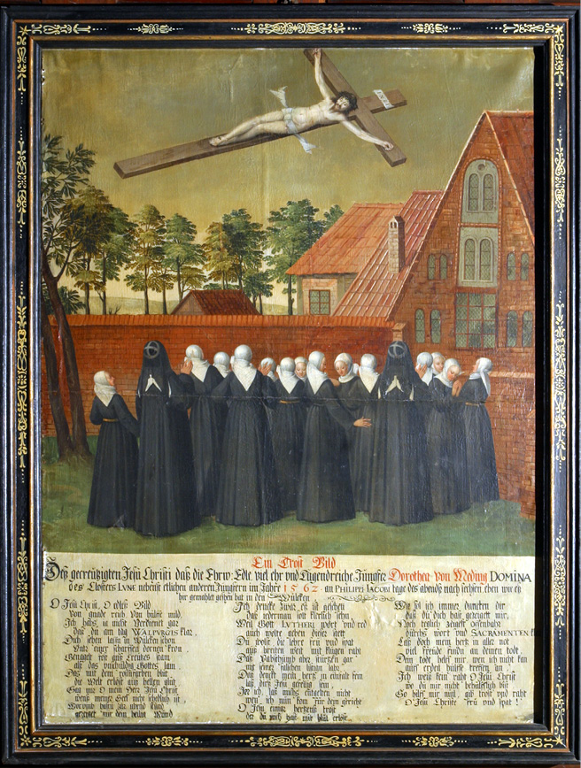 The framed panel painting shows a group of women in black habits seen from the back, standing on a lawn in front of a brick wall and a house façade. Above them in the yellowish sky a large crucifix floats diagonally; the head of Jesus is crowned with thorns; he is naked except for a loin cloth, the tips of which extend into the sky. The bottom third of the image is filled by a three-column inscription written in rhyming couplets. For a full translation of the poem and an interpretation see the next sub-chapter below.