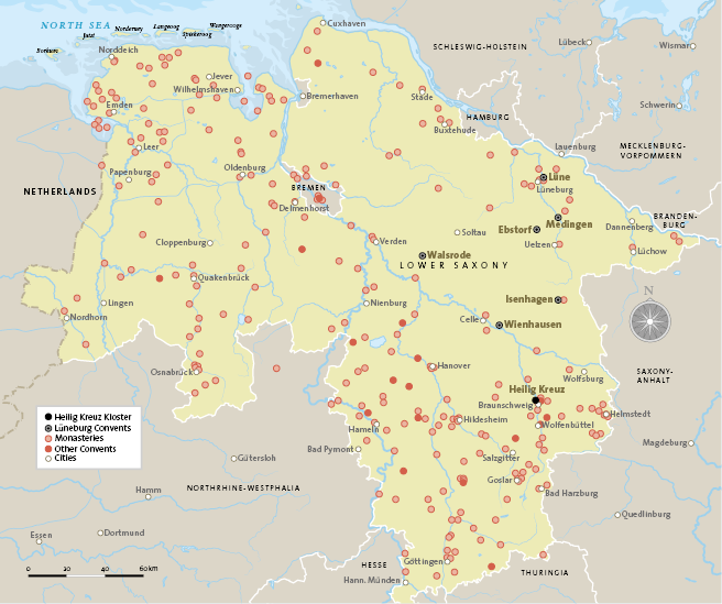 Map of the convents in Lower Saxony, highlighting in black the convents of Heilig Kreuz in Braunschweig and the Lüneburg convents; in dark red other female religious communities; in light red male monastic houses. Cities in the region are marked in white for reference.