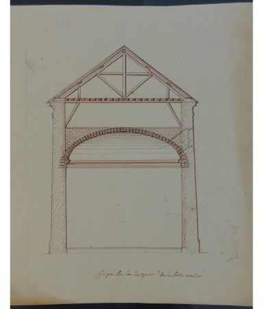 Coupe sur la largeur de la salle voutée, 1758. Arch. dép. Puy-de-Dôme, 3 E 113 115.