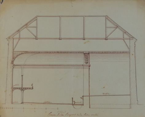 Coupe sur la longueur de la salle voutée, 1758. Arch. dép. Puy-de-Dôme, 3 E 113 115.