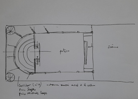 Croquis de travail : plan de la Comédie de Clermont. Jean-François Panthéon Cabinet d’Architecture Panthéon & Michel Cova, scénographe et ancien directeur technique du TNP à Villeurbanne, 2011.