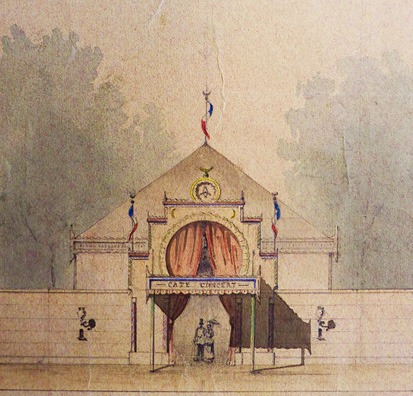 On voit une maquette de recherche en perspective, représentant le théâtre du café-concert de Picard. Le bâtiment est peu profond et est surmonté de trois statues, dont une grande au milieu sur un cheval.
