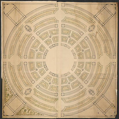 Le visuel montre un plan général du wauxhall de Combes donnant sur la Garonne, composé principalement de jardins organisées de manière concentrique, et dans lesquels s’élèvent quelques petits bâtiments. Les salles de spectacles sont aux deux coins supérieurs.