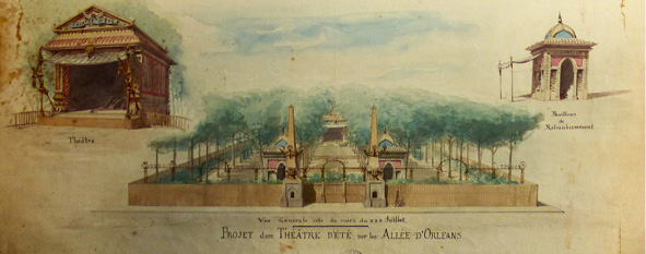 L’image montre l’élévtion de l’entrée d’un casino-concert, avec à gauche une loge dédiée aux abonnements, à droite une autre pour l’administration et au centre une grande porte décorée et surmontée de deux drapeaux français. Le tout est fermé par des barrières.