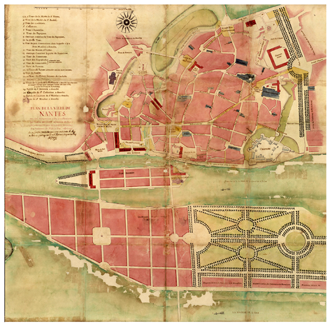 Plan-masse sur lequel on distingue deux bâtiments rectangulaires, situés le long des remparts, entre la place Sainte-Catherine et le quai Brancas : une « salle de concert » et une « salle de spectacles ».