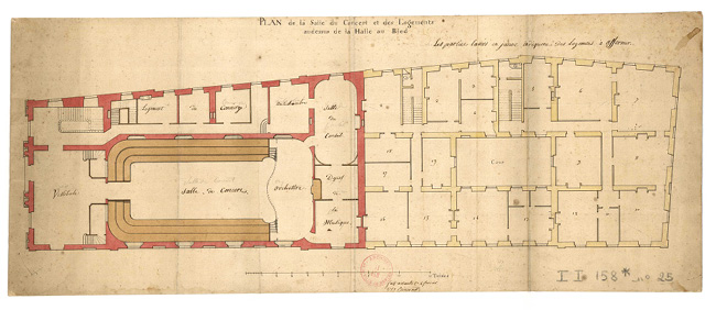 Plan de la salle de concert et des logements au-dessus de la halle aux blés limitrophe. Plusieurs espaces sont délimités sur le plan autour de la salle de concert, parmi lesquels, de gauche à droite, un « vestibule », une « salle de concert », un « orchestre » et une « salle de conseil ».