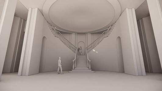 Cette image montre une grande pièce de style architectural classique avec un escalier majestueux en son centre. L’escalier se divise en deux branches symétriques menant à une galerie supérieure. Le plafond est orné d’un dôme circulaire, créant un effet d’espace ouvert et grandiose. Trois personnes sont présentes dans la scène : une en bas de l’escalier et deux en haut, engagées dans une interaction. La pièce est caractérisée par des colonnes imposantes et des murs aux lignes épurées, ce qui renforce l’impression de minimalisme et de grandeur.
