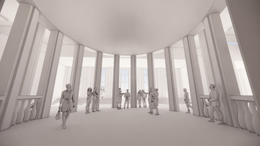 Cette image représente une grande salle circulaire avec de nombreuses colonnes élancées autour de la pièce. Plusieurs personnes sont dispersées à l’intérieur, certaines discutent en petits groupes, tandis que d’autres sont seules. La lumière naturelle pénètre à travers de grandes fenêtres à l’arrière de la salle, illuminant l’espace d’une clarté douce. Le plafond est large et arrondi, ce qui ajoute une sensation d’ouverture et de hauteur. Le style architectural est minimaliste, avec des lignes épurées et une symétrie marquée, donnant à la pièce une atmosphère à la fois élégante et moderne.