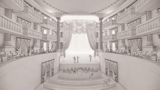 Vue intérieure du théâtre, depuis l’arrière de la salle regardant la scène, restitution numérique d’un théâtre d’après le prospectus de Laclotte, par l’architecte Shea Trahan.