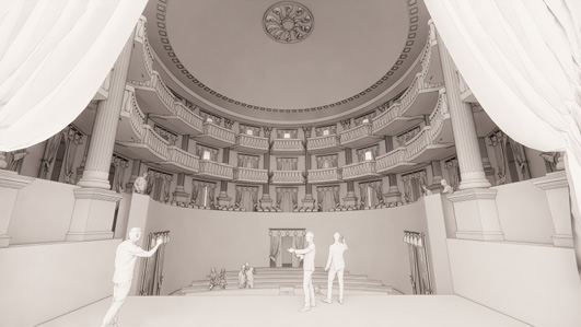 Vue intérieure du théâtre, depuis la scène regardant vers l’arrière de la salle, restitution numérique d’un théâtre d’après le prospectus de Laclotte, par l’architecte Shea Trahan.