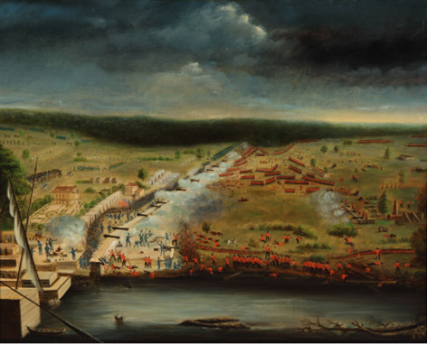 Cette image montre une peinture représentant la bataille de La Nouvelle-Orléans. Le paysage est large, avec un ciel sombre et menaçant au-dessus d’un champ de bataille animé. Les forces américaines, habillées en bleu, affrontent les troupes britanniques en rouge. La scène est remplie de soldats engagés dans le combat, avec des nuages de fumée provenant des tirs de canons et de mousquets. À gauche, des bâtiments et un port sont visibles près d’une rivière, où plusieurs bateaux sont amarrés. La disposition des troupes et l’action intense capturent l’importance historique de cet événement.