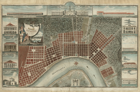 Carte de la Nouvelle-Orléans basée sur une étude de 1815, comprenant des photos de bâtiments remarquables autour de la frontière.