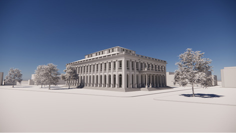 L’image montre une modélisation 3D d’un bâtiment classique avec une architecture symétrique, des colonnes imposantes, et des arches au rez-de-chaussée. Le bâtiment est entouré d’arbres, sous un ciel bleu clair, sur une place dégagée. L’éclairage met en valeur les détails architecturaux et la structure monumentale du bâtiment.