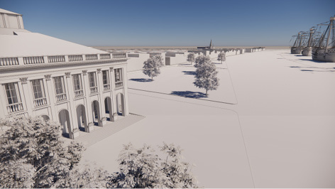 L’image représente une vue aérienne en 3D d’un bâtiment de style classique, similaire au Théâtre d’Orléans, avec des arches et des colonnes ornées. Le bâtiment est situé près d’une grande place bordée d’arbres. À droite, on aperçoit un port avec plusieurs grands navires à quai, et au loin, une église ou une cathédrale est visible à l’horizon sous un ciel bleu dégagé.