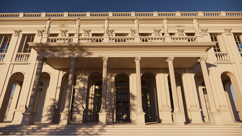 Vue frontale de la façade de restitution numérique d’un théâtre d’après le prospectus de Laclotte, par l’architecte Shea Trahan.