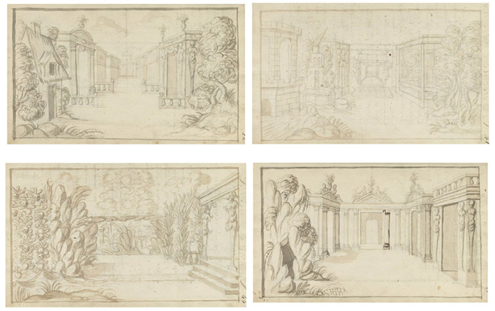 Laurent Mahelot () Croquis de décor pour les pièce;”Quatre Croquis de décor à l’encre brune et au lavis pour les pièces Pandoste (représentant au premier plan, une campagne et au second plan un décor de ville) Agarite (représentant au premier plan une ruine et une campagne ; au second plan, ne maison, une chambre avec un lit et une pièce ornée de tableaux) Les Travaux d’Ulysse (représentant au premier plan une salle et un monceau d’ossements au deuxième plan un jardin; au troisième plan une grotte ouvrant vers un enfer) Félismène (au premier plan une grotte, au second plan un palais à trois ouvertures).