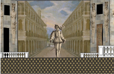 Hypothèse de reconstitution de la plantation du dé;Vue du décor de la figure 8 depuis la ligne de vue du spectateur.