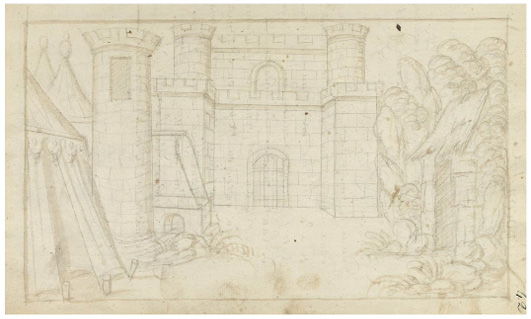 Laurent Mahelot () Croquis de décor pour la pièce; “”Croquis de décor à l’encre brune et au lavis représentant : au premier plan, une tente et une chaumière ; au second plan, une tour et un rocher couvert de végétation. En fond de scène, une forteresse composé d’un mur d’enceinte, et