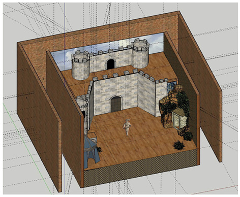 Hypothèse de reconstitution de la plantation du dé;Reconstitution en infographie 3D de la structure architectutale de la figure 6, décorée pour correspondre au décor de la figure 11. Un personnage figure au milieu du plateau pour fournir une échelle.