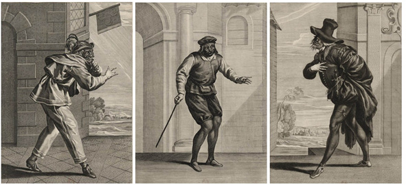 Jean Le Blond d’après Jeremius Falck et Grégoire Hu; “Trois portraits de farceurs de l’Hotel de Bourgogne : Gandolin devant une façade de maison à vitre croisillonée et à une enseigne portant trois croissants ; paysage de campagne en arrière-plan ; Jacquemin Jadot devant une facade à colonne percée d’une arche ; Guillot-Gorju, devant une facade à colonne à feuilles d’acanthe et à une arche ; paysage de campagne en arrière-plan