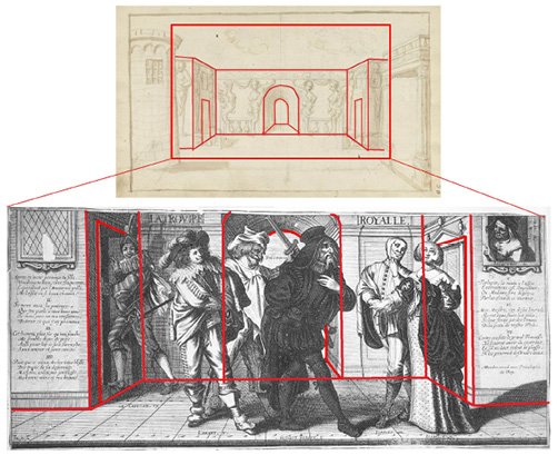 Comparaison des structures du croquis de Mahelot po; Schéma comparant les structures géométriques du croquis de Mahelot pour la pièce Aretaphile présentant une façade à arche centrale, encadrée par deux maisons cubiques, avec la gravure de Bosse représentant les farceurs de l’Hotel de Bourgogne en 1635 évoluant dans un décor semblablement structuré.