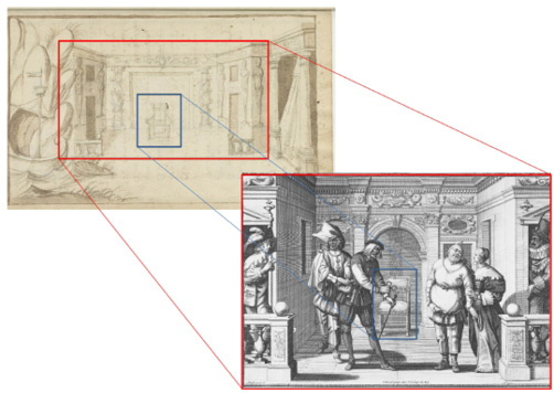 Comparaison des structures du croquis de Mahelot po;Schéma comparant le croquis de Mahelot pour la pièce La Folie de Clidamant présentant une façade à arche centrale