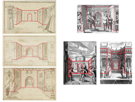 Comparaison de structures entre les croquis de Mahe; Schéma mettant en évidence la similarité géométriques de trois croquis du Mémoire de Mahelot pour les pièces La Belle Égyptienne, Les Ménechmes et Lisandre et Caliste, présentant en fond de scène une façade percée d’une arche encadrée par deux bâtiments cubiques avec des décors de disposition semblable observables sur les frontispices des pièces Eudoxe et Le Martyre de Ste Catherine.