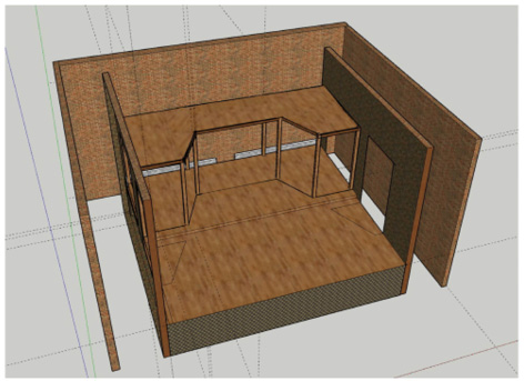 Hypothèse de reconstitution de la scène de l’Hôtel d; “Reconstitution en infographie 3D des structures architecturales de la scène de l’Hotel de Bourgogne vu du dessus : un plateau scène à 1m95 du sol; avec une arrière-scène réhaussée où s’enfoncent une série de poteaux soutenant une seconde scène placée en hauteur.