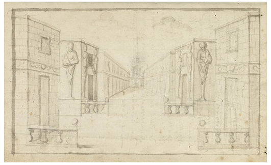 Laurent Mahelot () Croquis de décor pour la pièce; Croquis de décor à l’encre brune et au lavis représentant une ville : deux maisons cubiques à l’avant-scène, deux autres maisons cubiques alignées dans la perspective. En fond de scène, une perpective de maisons s’étendant à l’infini.