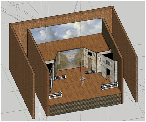 Hypothèse de reconstitution de la plantation du déc; Reconstitution en infographie 3D de la structure architectutale de la figure 6, décorée pour correspondre au décor de la figure 7. Un personnage figure au milieu du plateau pour fournir une échelle.