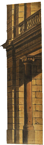 Place (« piazza »), châssis de coulisse Châssis de coulisse peint sur toile datant de la moitié du XIXe siècle et représentant l’entrée d’un édifice. Le rez-de-chaussée est composé d’un pilastre et d’une colonne d’ordre ionique soutenant un entablement. Au dessus, on aperçoit uniquement la partie inférieure du premier étage, composé d’une balustre simple à section circulaire. L’édifice est éclairé par la gauche avec une lumière chaude et rasante sur la pierre dans des tons gris foncés, provoquant de forts contrastes de clair-obscur.