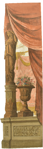 Cabinet (« gabinetto ») Châssis de coulisse peint sur toile, datant de la moitié du XIXe siècle et représentant une scène de cabinet. Une cariatide avec sur semi-colonne cannelée et socle décoré de tables remplies de feuilles d’acanthes soutient une draperie rouge. Sur le socle est également représenté un vase rempli fleurs. En arrière-plan, on aperçoit une autre draperie rouge décorées de motifs brillant, suggérant le mur de fond du cabinet.