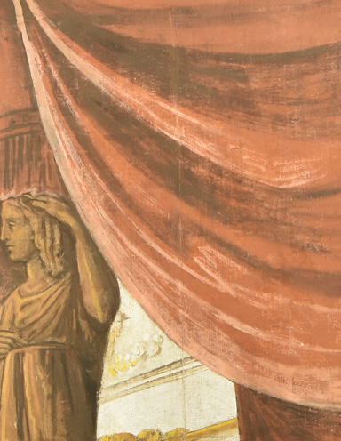 Cabinet (« gabinetto ») Détail de la draperie rouge du châssis de cabinet (figure 4) laissant voir la touche très apparente nécessaire à donner l’illusion des plis de la draperie.