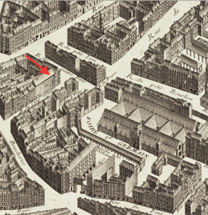 Elle reprŽsente une partie du plan Turgot de 1735 avec la Foire Saint-Germain. A c™tŽ, indiquŽ par une flche verte, le Jeu de paume d’OrlŽans rue du C¹ur Volant qui servait de salle de spectalce ˆ Jeanne Godefroy dite veuve Maurice