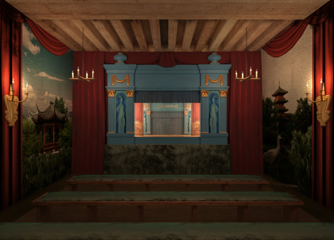 Image de synthèse montrant un autre point de vue du théâtre de marionnettes peint par Blarenberghe. Cette fois, le spectateur est directement dans l’axe de la salle, au fond du parterre et face au castelet. La salle est vide mais on perçoit l’ensemble des éléments architecturaux et du mobilier, notamment les bancs recouverts de velours vert. Les couleurs sont vives mais la luminosité est bien plus faible.