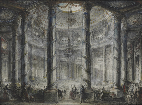 Fête dans le Colisée, The Wallace Collection, Gabriel de Saint-Aubin, photographie personnelle; La rotonde, salle de bal à l’intérieur du Colisée dessinée par Gabriel de Saint-Aubin.