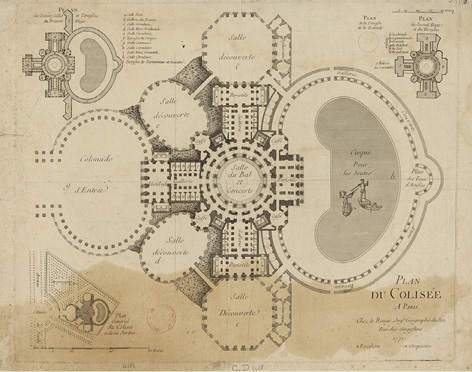 Plan au sol du Colisée, BnF, Le Rouge, photographie personnelle; Plan au sol du Colisée gravé par George-Louis Le Rouge, géographe du roi.