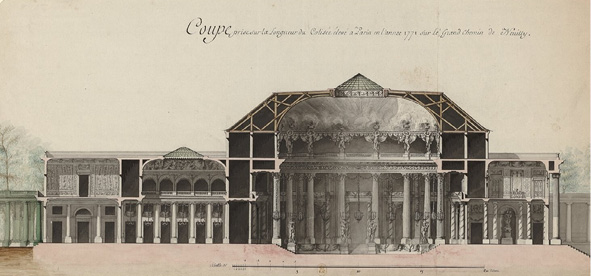Coupe sur la longueur du Colisée, BnF, Jean-Jacques Lequeu, photographie personnelle; Coupe sur la longueur du Colisée dessiné par Jean-Jacques Lequeu.